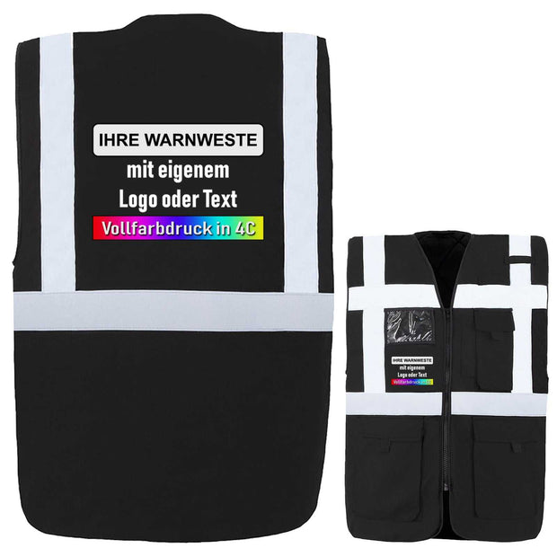 Gefütterte Warnweste Comfort-Fit Wismar schwarz mit reflektierenden Streifen und individuellem Text- oder Logodruck