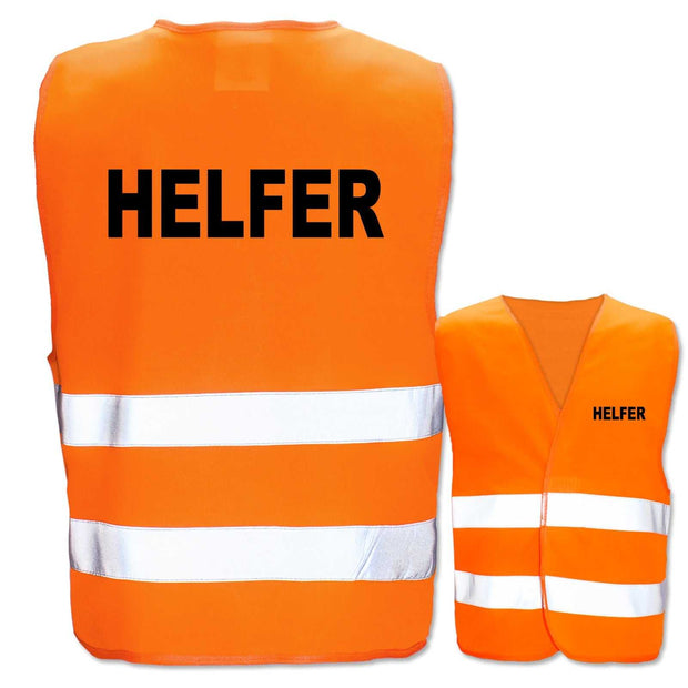 Orange Helfer-Warnwesten mit zwei reflektierenden Leuchtstreifen und schwarzem Aufdruck in verschiedenen Größen