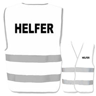 Gelbe Helfer-Warnweste mit zwei Leuchtstreifen in verschiedener Größe und Farbe, bedruckbar mit individuellem Text