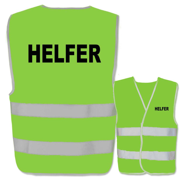 Helfer-Warnweste in Grün mit zwei reflektierenden Leuchtstreifen und Helfer-Aufdruck vorne und hinten