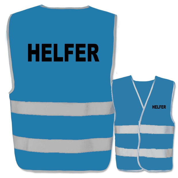 Blaues Helfer-Warnweste mit zwei reflektierenden Leuchtstreifen und schwarzem Aufdruck