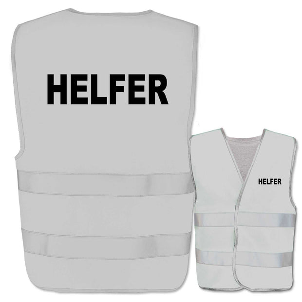 Helfer-Warnweste mit zwei Leuchtstreifen in weiß mit schwarzem Aufdruck und verstellbaren Klettverschlüssen