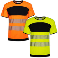 Korntex Hi-Vis T-Shirt mit schwarzer Brustpartie und reflektierenden Streifen, zertifiziert nach EN ISO 20471, atmungsaktiv und optional bedruckbar