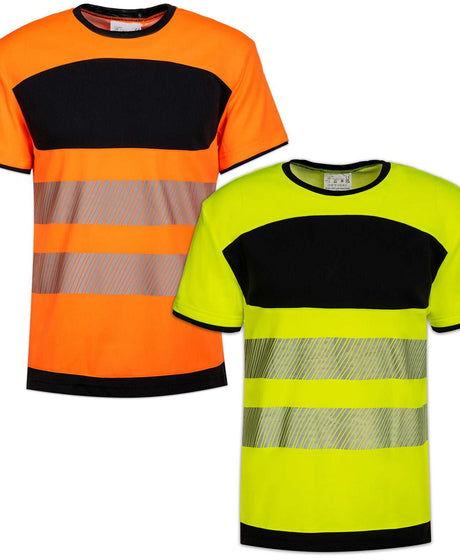 Two Korntex Hi-Vis T-Shirts in orange and yellow with black chest panels and reflective stripes