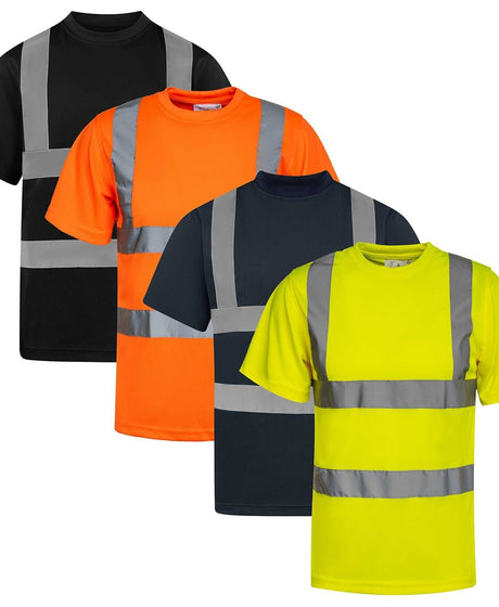 Set of Korntex Hi-Vis T-Shirts "Cordoba" with 4 reflective stripes in yellow, orange, navy, and black made of breathable micro-polyester for industrial safety