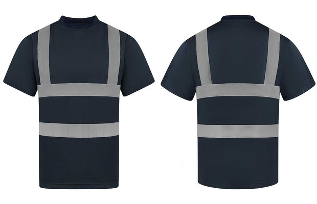 Navy blue Korntex Hi-Vis T-Shirts with four reflective stripes front and back, breathable micro-polyester, certified for safety.