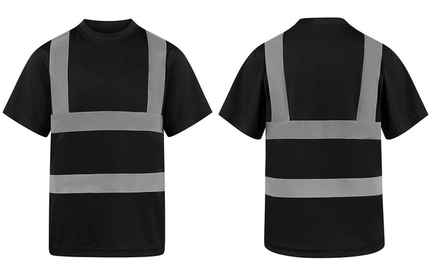 Schwarzes Korntex Hi-Vis T-Shirt Cordoba mit 4 reflektierenden Leuchtstreifen, atmungsaktivem Micro-Polyester und Zertifizierung nach EN ISO 20471 für verbesserte Sichtbarkeit.