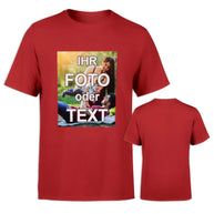 Unisex T-Shirt aus 100% Baumwolle mit vollfarbig bedrucktem Foto, Text und Logo vorne und hinten