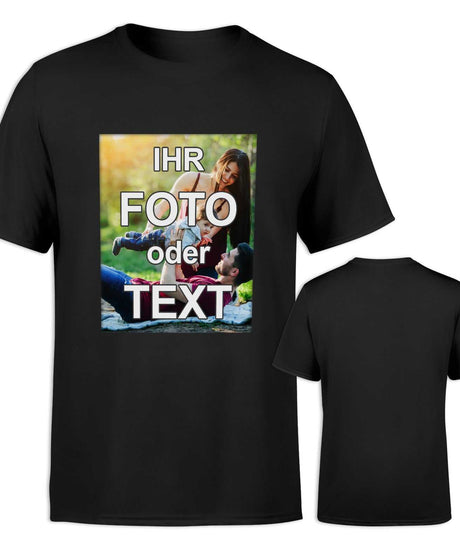 Schwarzes unisex T-Shirt aus Baumwolle mit vollfarbig bedrucktem Foto und Textdruck vorne, personalisierbar