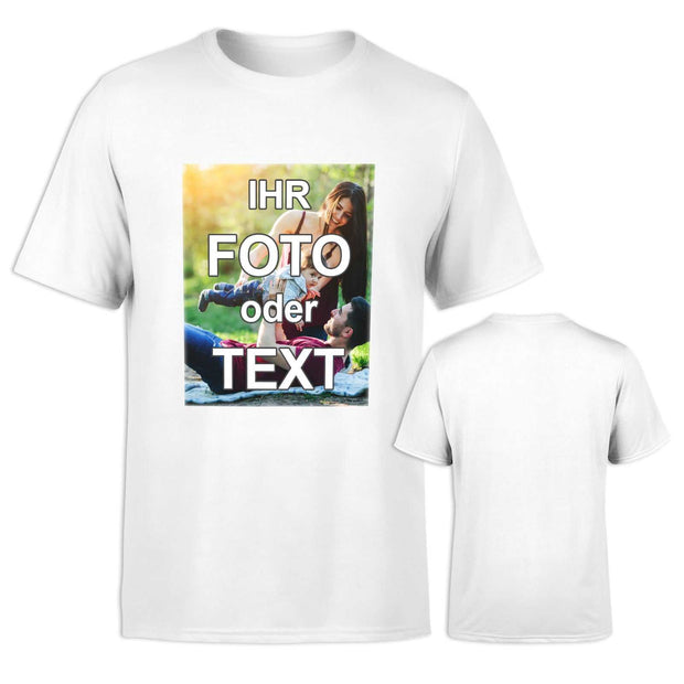 Weißes Unisex-T-Shirt aus 100% Baumwolle mit vollfarbig bedrucktem Foto- oder Textmotiv auf der Vorderseite