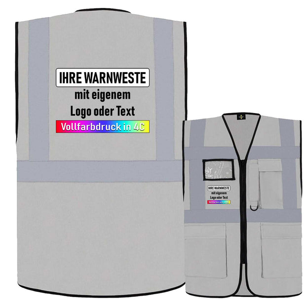 Korntex Comfort-Multifunktionsweste Hamburg in Grau mit Reißverschluss, Taschen, Ausweisfenster und individuellem Vollfarbdruck, zertifiziert nach EN ISO 20471.