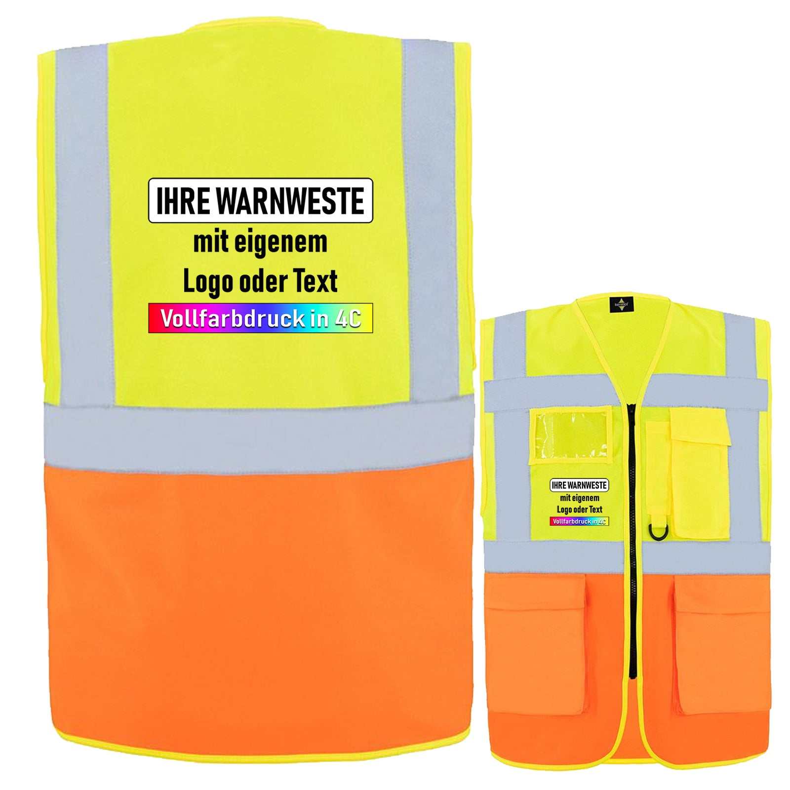 Multifunktionsweste Korntex Hamburg mit Reißverschluss, Taschen, Ausweisfach und Leuchtstreifen in Gelb-Orange, personalisierbar mit Druck, Größen XXL-5XL
