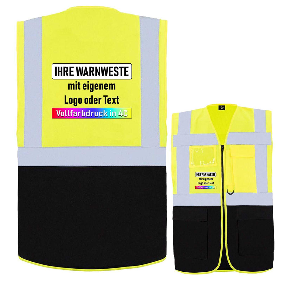 Gelbe Korntex Comfort-Multifunktionsweste Hamburg mit Reißverschluss, Taschen, Ausweisfenster und individuellem Vollfarbdruck, verschiedene Größen und Farben.