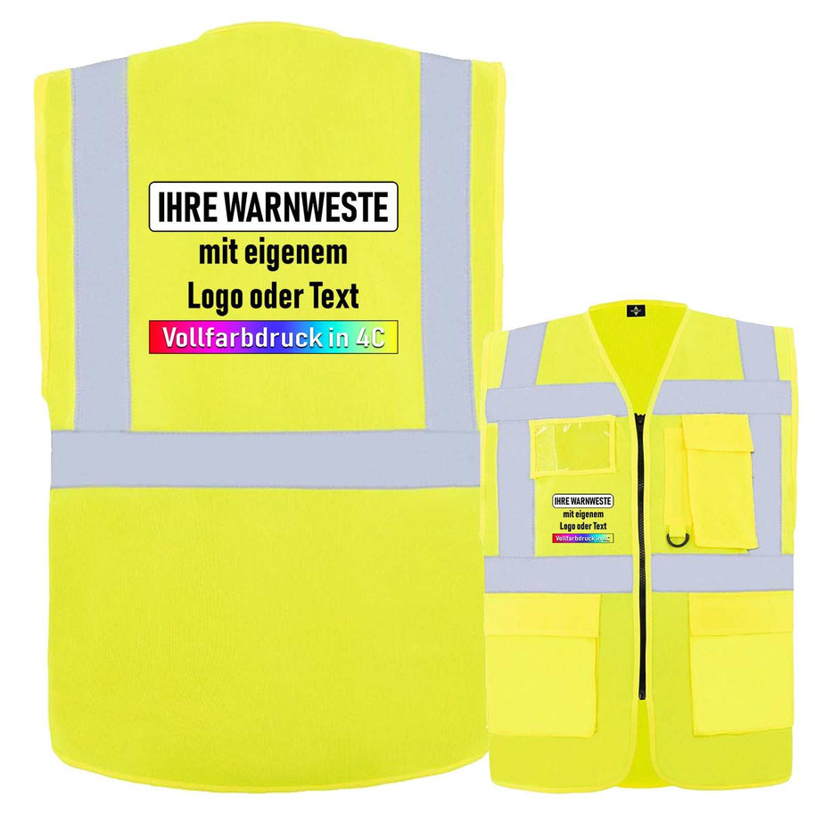 gelbe Korntex Comfort-Multifunktionsweste Hamburg mit Reißverschluss, Taschen, LEDs und individuellem Druck