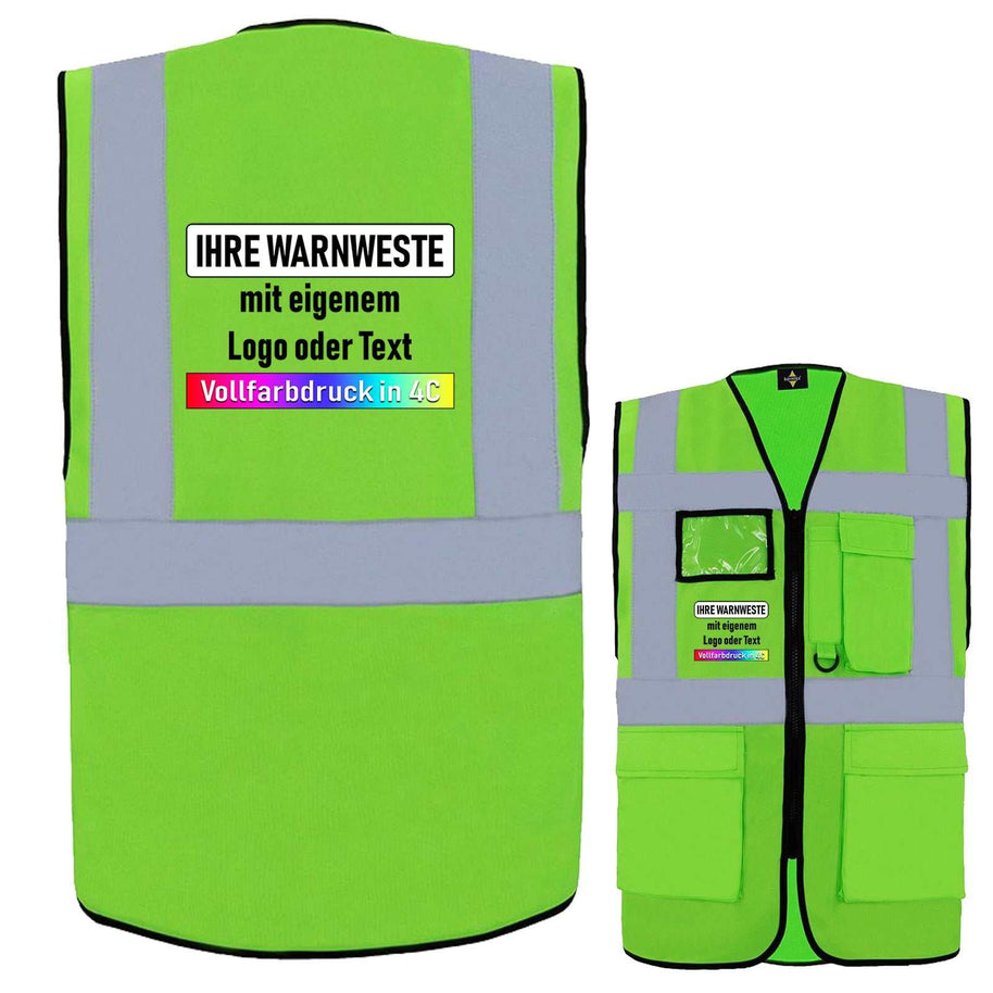 Grüne Korntex Comfort-Multifunktionsweste Hamburg mit Reißverschluss, Taschen, Ausweisfenster und Leuchtstreifen, individuell bedruckbar