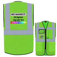 Grüne Korntex Comfort-Multifunktionsweste Hamburg mit Reißverschluss, Taschen, Ausweisfenster und Leuchtstreifen, individuell bedruckbar