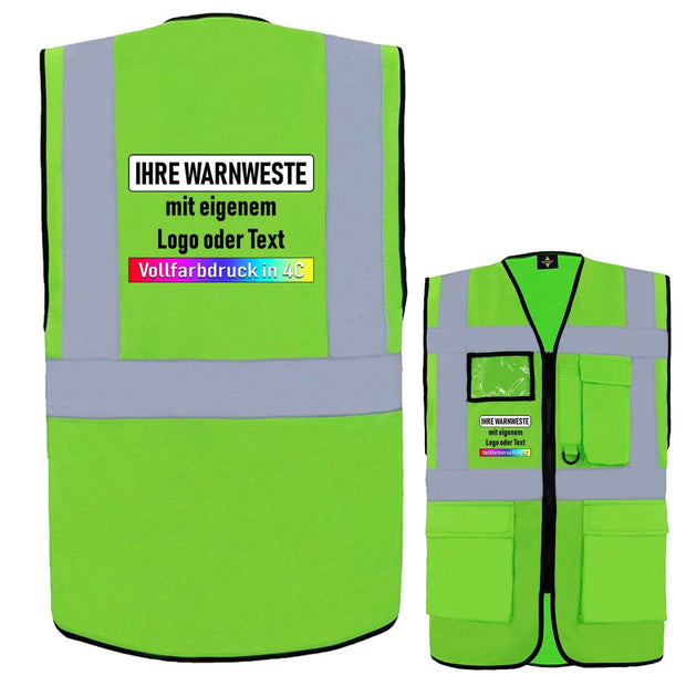 Grüne Korntex Comfort-Multifunktionsweste Hamburg mit Reißverschluss, Taschen, Ausweisfenster und Leuchtstreifen, individuell bedruckbar