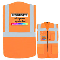 Orange Multifunktionsweste mit Reißverschluss, Taschen, Leuchtstreifen und individualisierbarem Vollfarbdruck