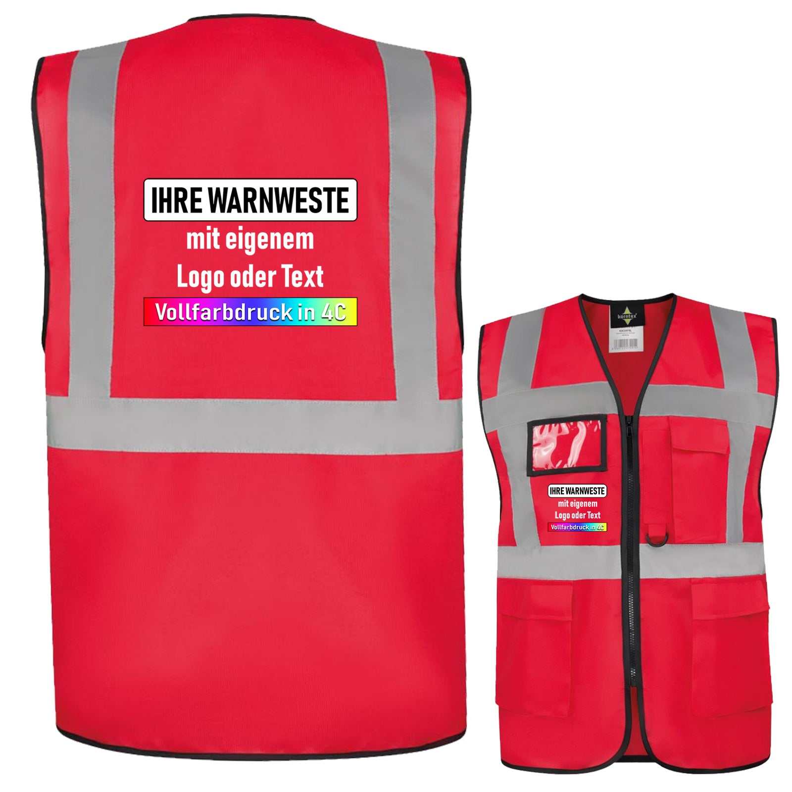 Rote Korntex Comfort Multifunktionsweste Hamburg mit Reißverschluss, Taschen, Ausweisfach und individuellem Vollfarbdruck in 4C