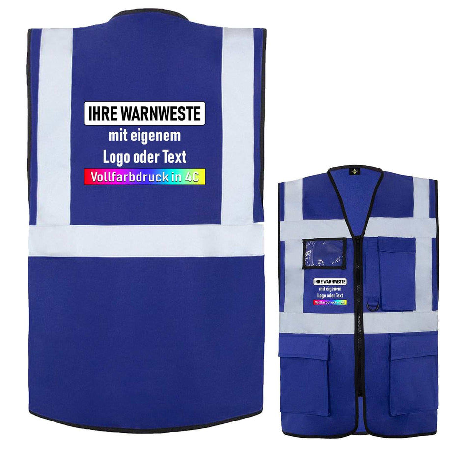 Blaue Korntex Comfort-Multifunktionsweste Hamburg mit Taschen, Reißverschluss und reflektierenden Streifen, personalisierbar mit Druck