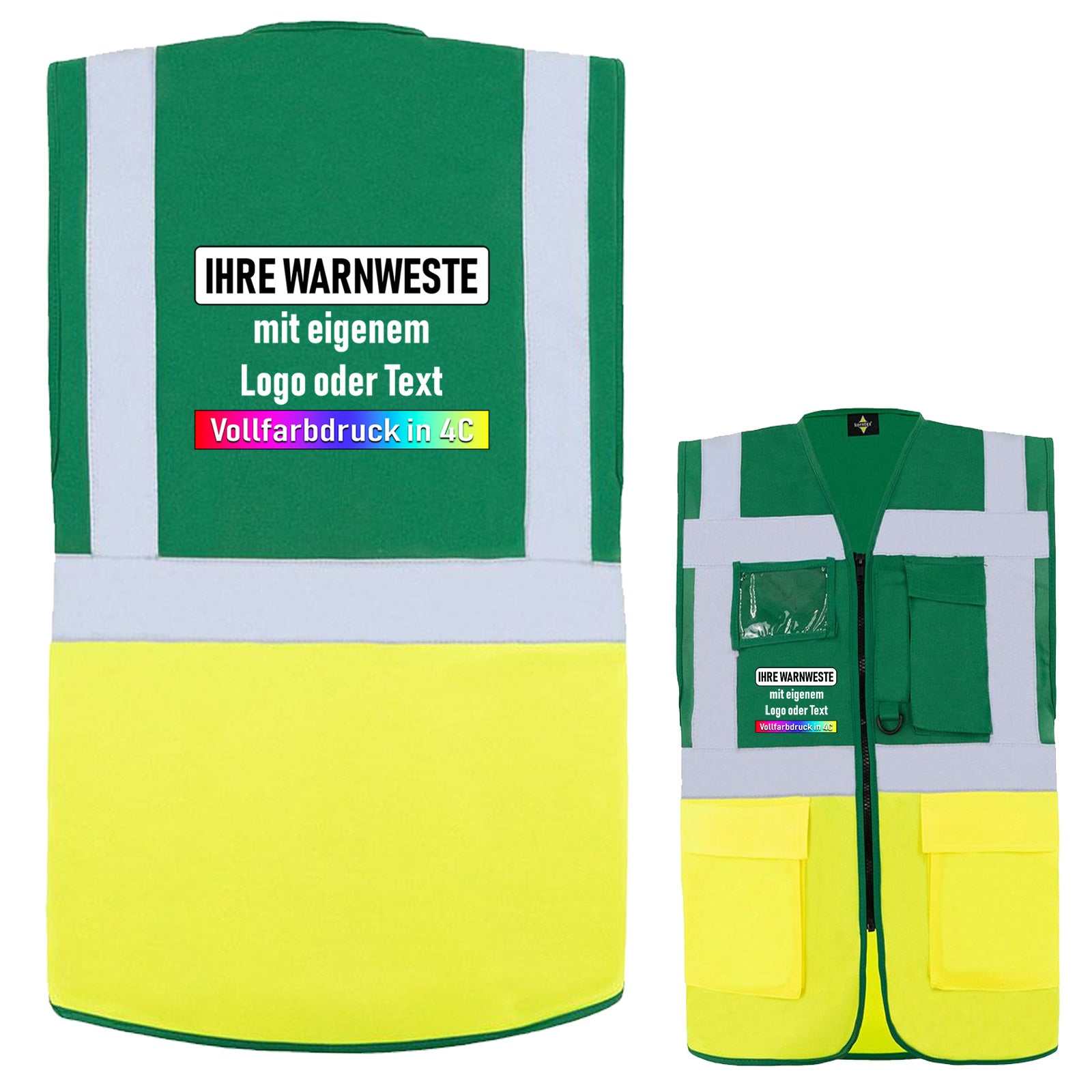 Multifunktionsweste Korntex Comfort-Multifunktions-Mesh-Warnweste mit Reißverschluss, Taschen, Ausweisfach und Leuchtstreifen in Gelb und Grün, optional bedruckbar