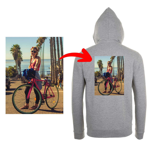 Graue Kapuzenjacke mit eigenem Foto bedruckt, Kapuzenjacken selbst gestalten, weiches Mischgewebe, personalisierbarer Hoodie mit Reißverschluss.