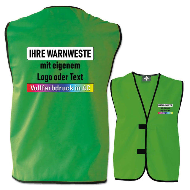 Grüne Korntex Kennzeichnungsweste ohne Leuchtstreifen mit individuellem Vollfarbdruck und schwarzer Einfassung