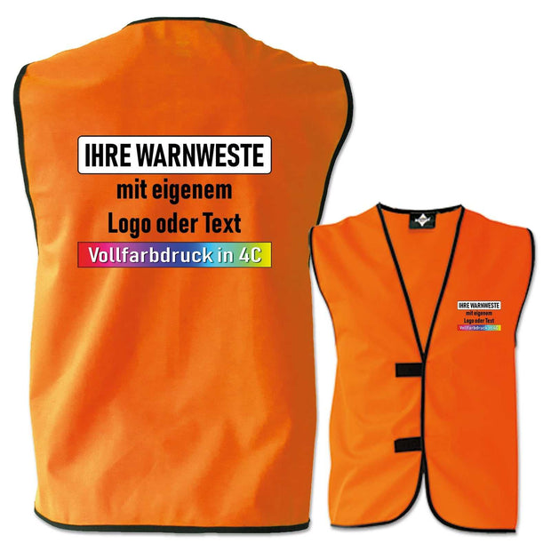 Orange Kennzeichnungswesten ohne Leuchtstreifen mit individuell bedruckbarem Text oder Logo in Vollfarbdruck