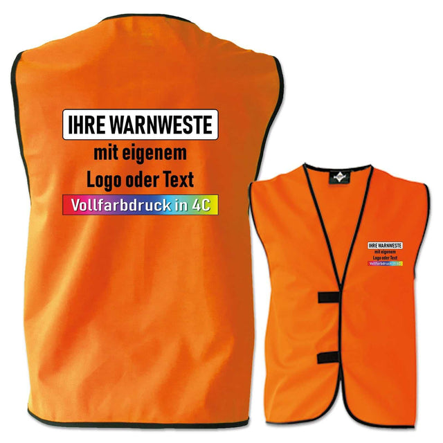 Orange Kennzeichnungswesten ohne Leuchtstreifen mit individuell bedruckbarem Text oder Logo in Vollfarbdruck