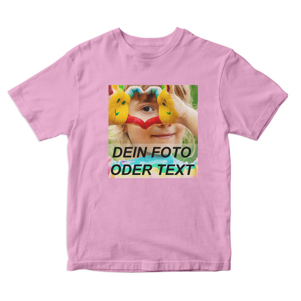 Kinder T-Shirt selbst gestalten mit individuellem Foto und Textdruck auf pinkem Sol's Regent Kids Baumwollshirt