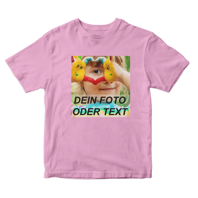 Kinder T-Shirt selbst gestalten mit individuellem Foto und Textdruck auf pinkem Sol's Regent Kids Baumwollshirt