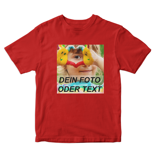 Kinder T-Shirt selbst gestalten mit Foto Textdruck auf rotem Baumwollshirt