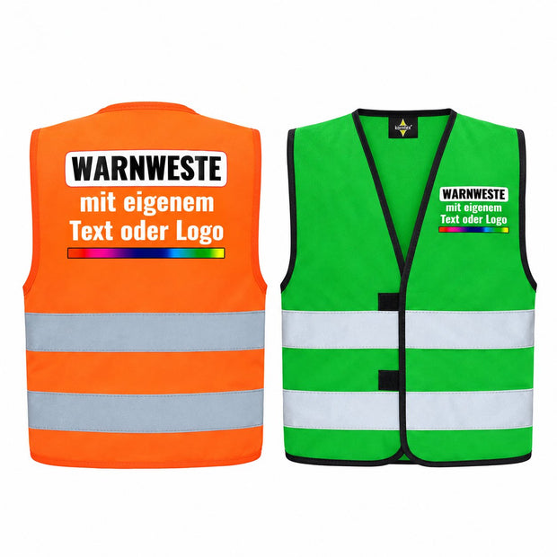 Korntex Aarhus Kinderwesten – orange Rückseite und grüne Vorderseite mit Beispielaufdruck