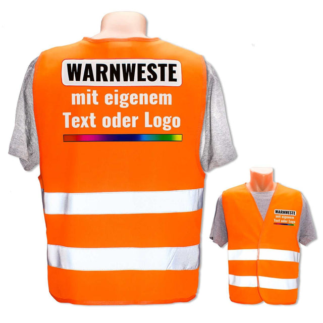 Orange Kinderwarnweste mit Klettverschluss und zwei reflektierenden Leuchtstreifen, individuelle Bedruckung möglich