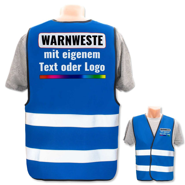 Blau Kinder Warnweste von Korntex mit Klettverschluss und zwei reflektierenden Leuchtstreifen, personalisierbar mit eigenem Text oder Logo, Größen XXS bis S für Kita und Grundschule