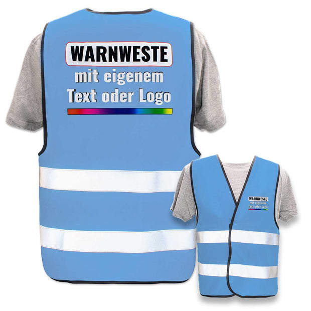 blau Kinder Warnweste mit Leuchtstreifen und individuellem Text oder Logo bedruckt
