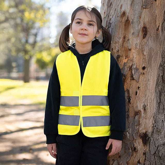 Gelbe Korntex Kinder Warnweste Aarhus mit Klettverschluss und Leuchtstreifen für Kita und Grundschule