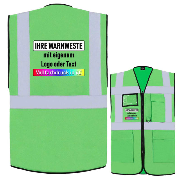 Korntex Comfort-Multifunktionsweste "Hamburg" neon grün mit Reißverschluss, Taschen, Ausweisfenster und individuellem Vollfarbdruck