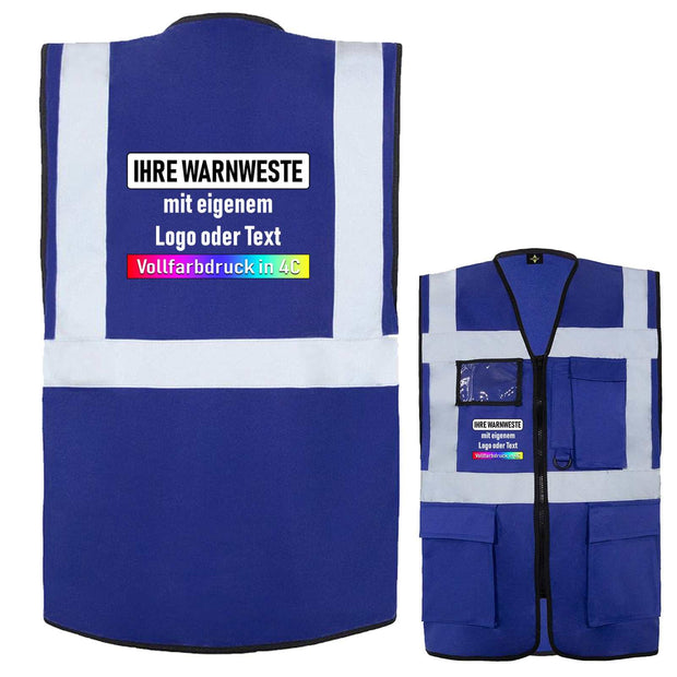 Korntex Comfort-Multifunktionsweste blau mit reflektierenden Streifen, Taschen, Reißverschluss und individuellem Druckoptionen