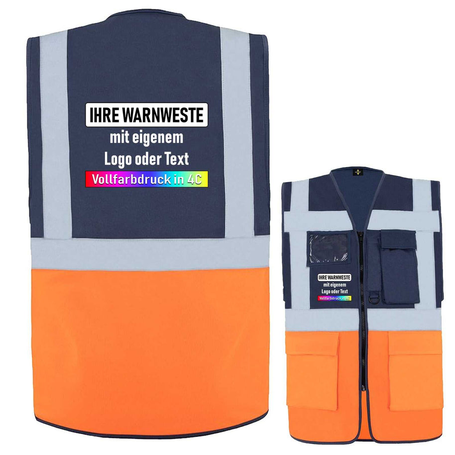 Korntex Comfort-Multifunktionsweste in Orange und Dunkelblau mit reflektierenden Streifen, Reißverschluss, Taschen und individuellem Vollfarbdruck