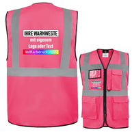 Pink Korntex Comfort-Multifunktionsweste with reflective stripes, multiple pockets, zipper, and customizable logo/text print