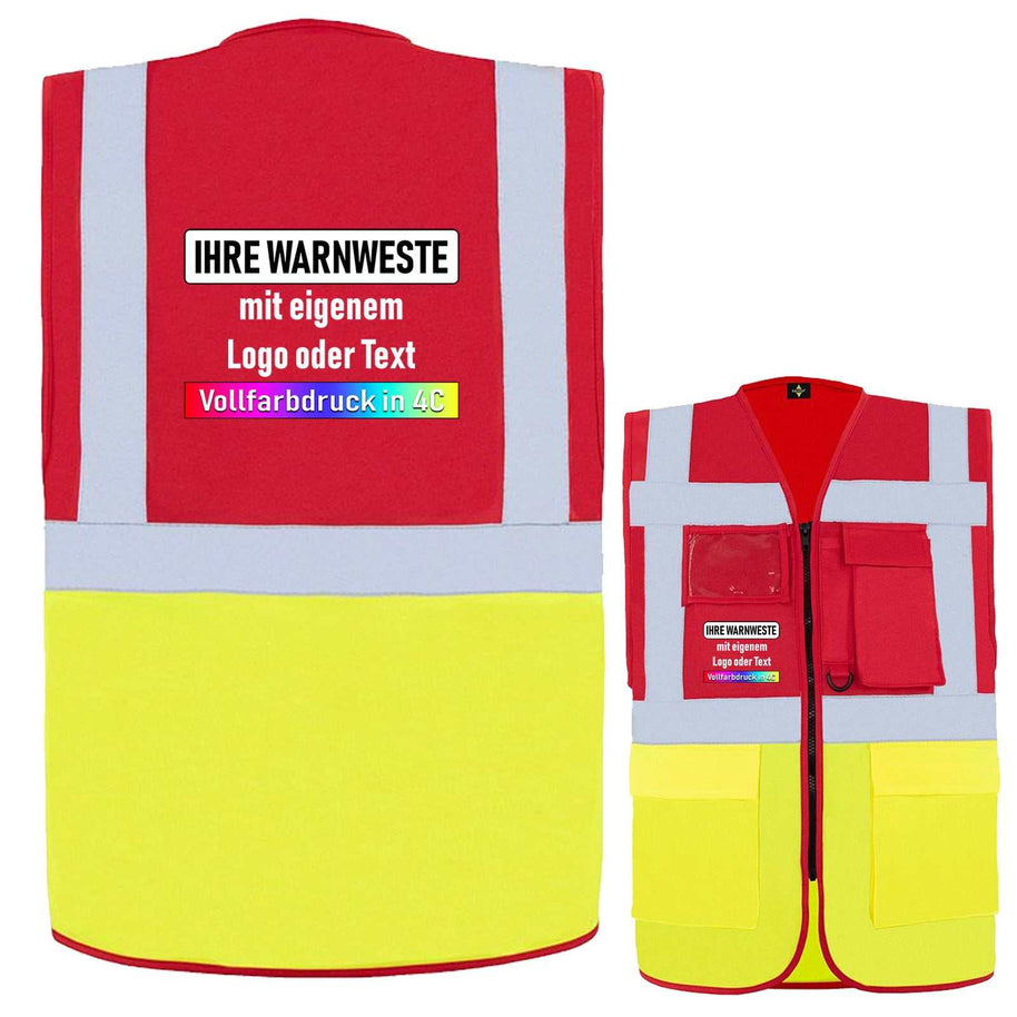 Korntex Comfort-Multifunktionsweste in Rot und Gelb mit Taschen, Reißverschluss und individuellem Vollfarbdruck, zertifizierte Warnweste mit Leuchtstreifen
