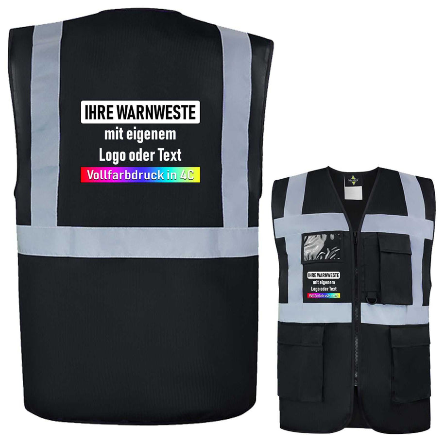 Korntex Comfort-Multifunktionsweste Hamburg in schwarz mit reflektierenden Streifen, Taschen, Reißverschluss und individuellem Vollfarbdruck