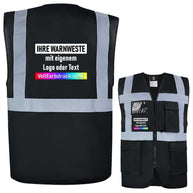 Korntex Comfort-Multifunktionsweste Hamburg in schwarz mit reflektierenden Streifen, Taschen, Reißverschluss und individuellem Vollfarbdruck