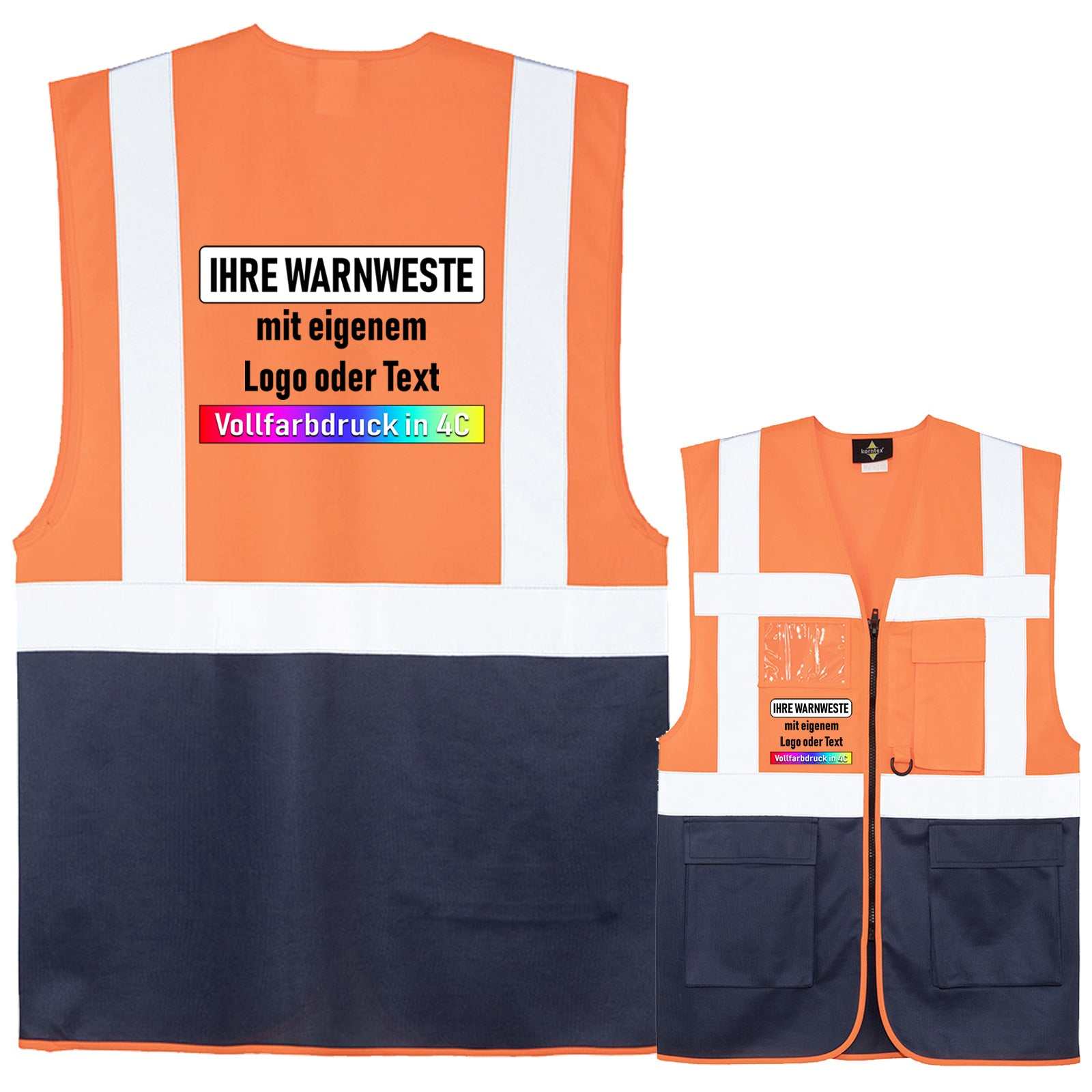Korntex Comfort-Multifunktionsweste Hamburg in orange mit Taschen, Reißverschluss, Leuchtstreifen und individuellem Vollfarbdruckoption