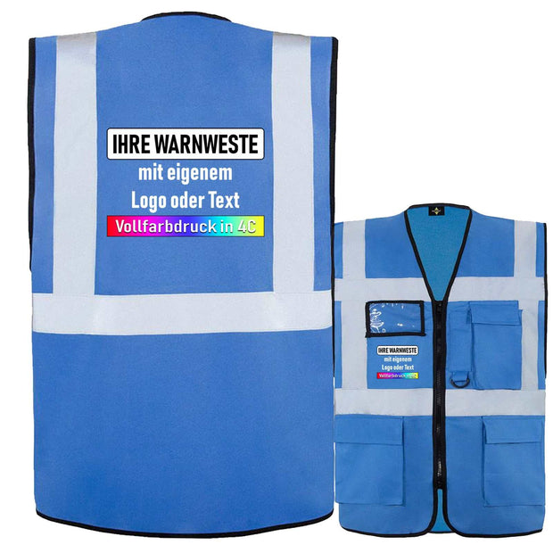 Korntex Comfort-Multifunktionsweste blau mit Taschen, Reißverschluss, Ausweisfenster und reflektierenden Streifen, individuell bedruckbar