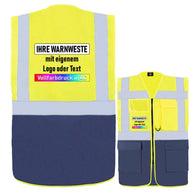 Korntex Comfort-Multifunktionsweste Hamburg, gelb und blau, Warnweste mit Taschen, Reißverschluss, Leuchtstreifen und individuellem Druck, viele Größen und Farben