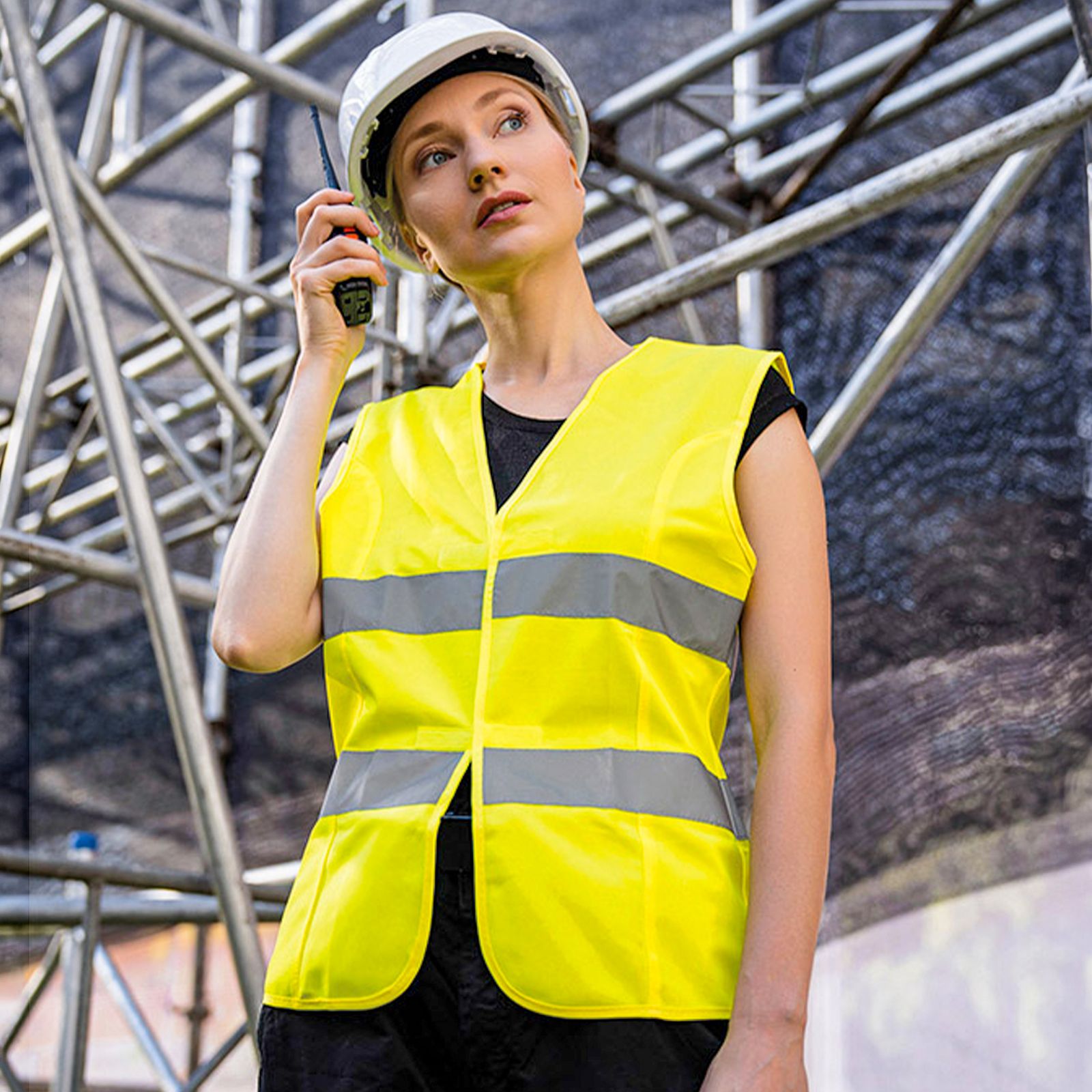 Frauen-Warnweste Frankfurt unbedruckt mit zwei Leuchtstreifen und Klettverschluss, tailliertes Design aus 100% Polyester