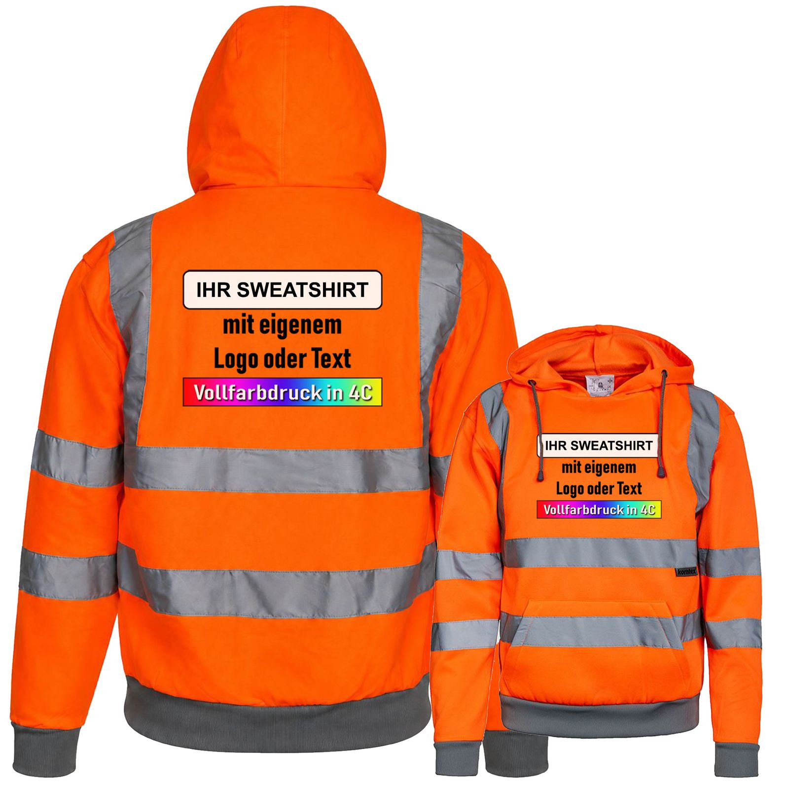 Warnschutz-Korntex-Hoodie „Cork“ mit vier reflektierenden Leuchtstreifen und Bauchtasche in Signalfarben