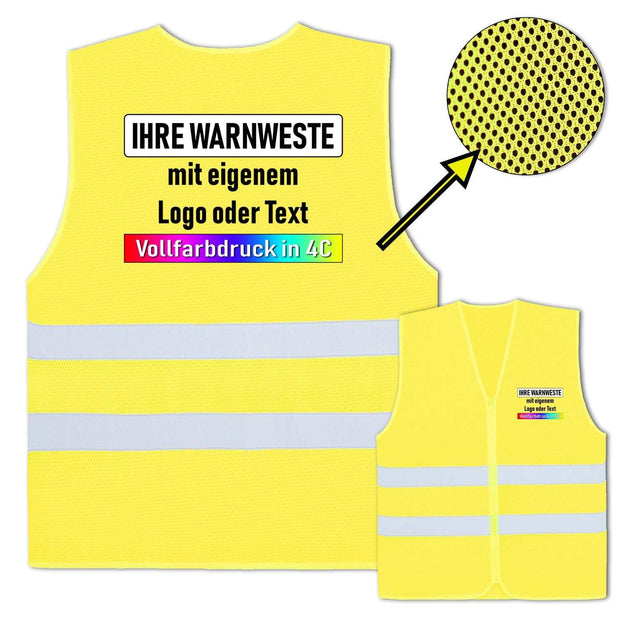 Gelbe Korntex Mesh Warnweste "Rhodes" mit Reißverschluss, Leuchtstreifen und individualisierbarem Vollfarbdruck, zertifiziert nach EN ISO 20471